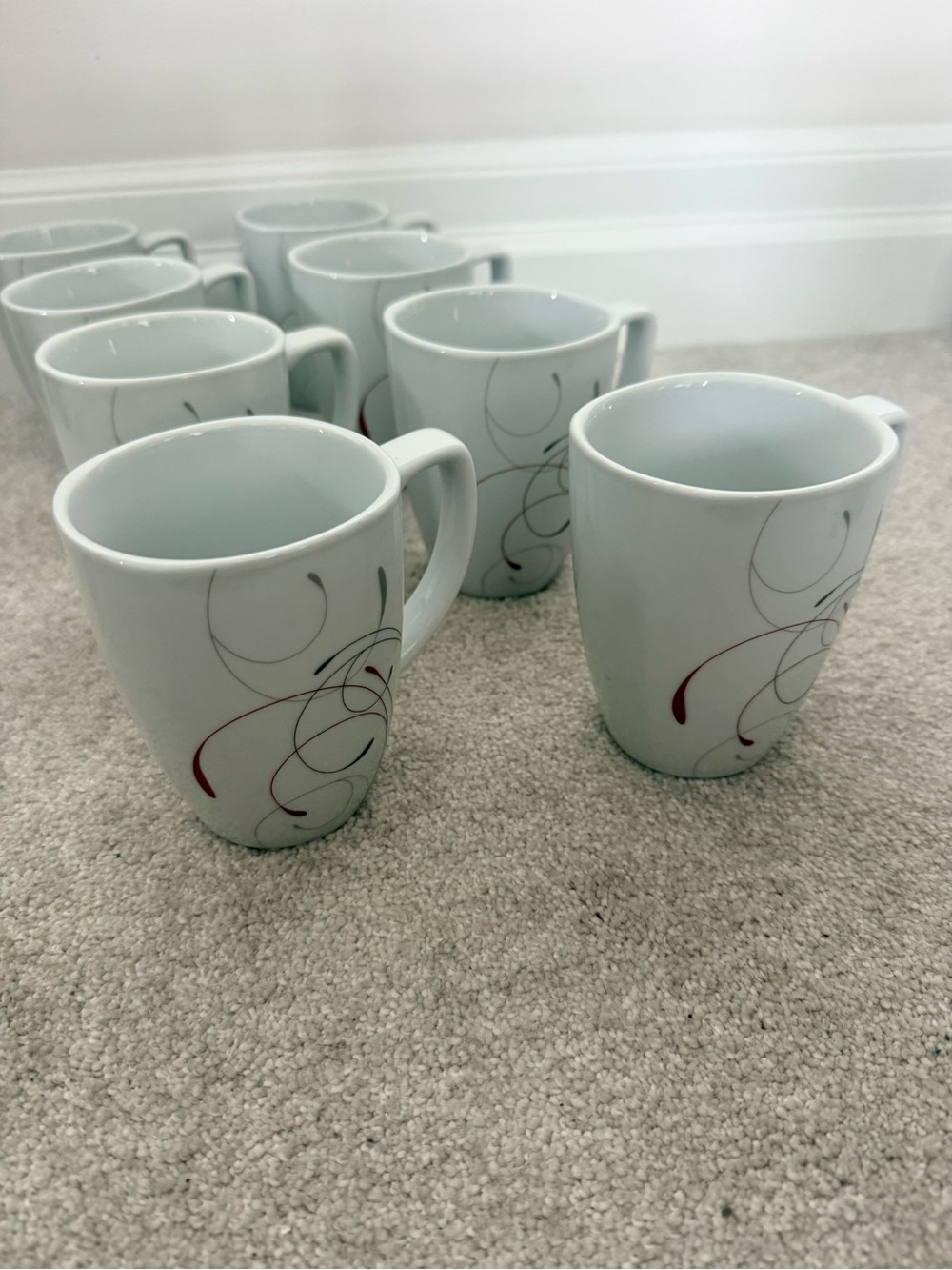 White Corelle Porcelain Mugs with Red and Gray Swirl Design - Set of 8